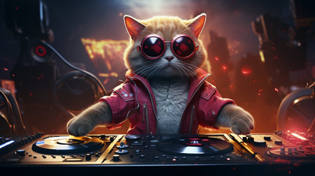 Funny red cat DJ in sunglasses playing music at night club. Mixed mediaの素材