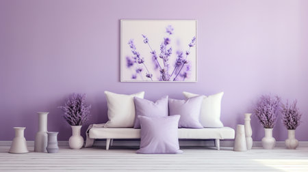 Interior of modern living room with purple wall, sofa and lavender flowersの素材