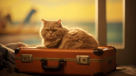 Cute ginger cat sitting in suitcase on the beach at sunset.の素材