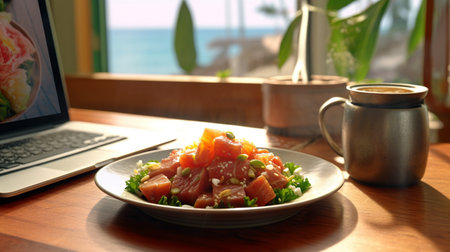 Salmon salad with tomatoes and parsley on a white plate.の素材