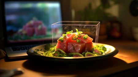 Salmon sashimi in a glass box on a wooden tableの素材