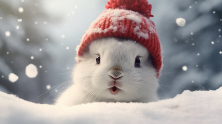 Cute white rabbit with red hat in the snow. Winter.の素材