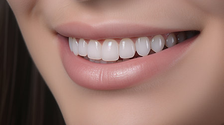 Close up of beautiful female smile with healthy white teeth. Dentistry conceptの素材