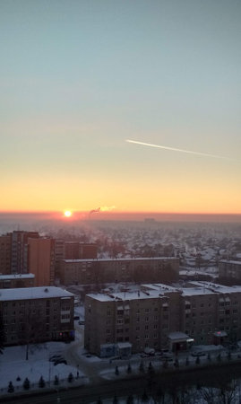 Beautiful sunset over the city in winter, Moscow, Russia.の写真素材