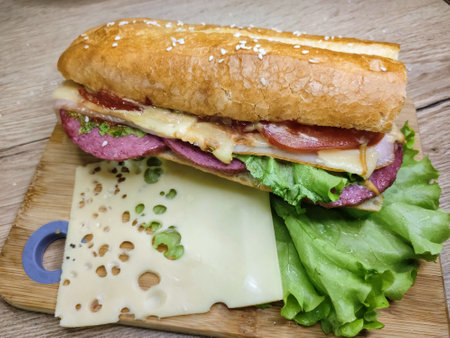 Sandwich with ham, cheese and lettuce on a wooden cutting boardの写真素材