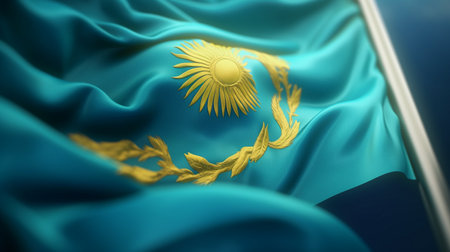 Kazakhstan Flag Waving Closeup View, Fabric Ruffled Flag Backgroundの素材
