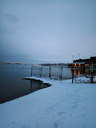 Winter in the Bay of Klaipeda, Lithuania. Snow on the ground.の写真素材