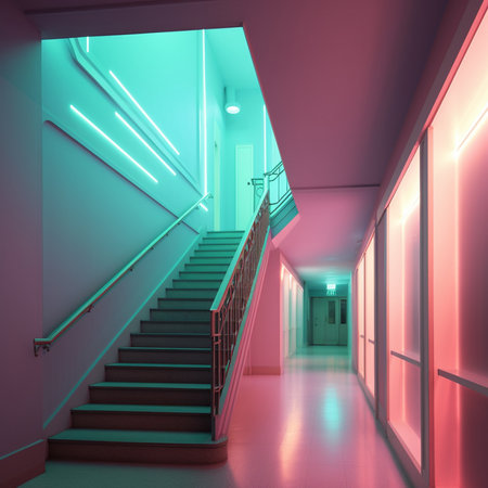 Interior of a modern corridor with neon lights. 3D renderingの素材