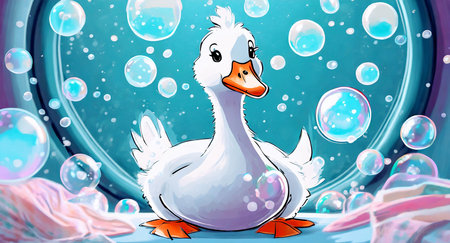 Cute white duck on blue background with bubbles. Vector illustration.の素材