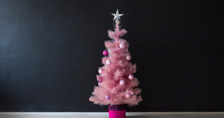 Christmas tree decorated with pink balls and a silver star on a black backgroundの素材