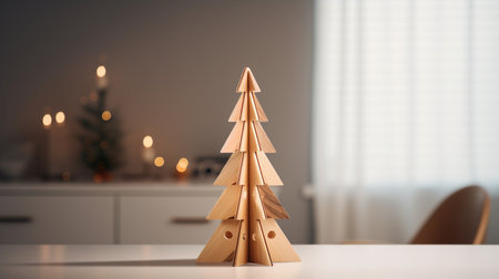 Wooden Christmas tree on the table in the kitchen. Christmas and New Year conceptの素材