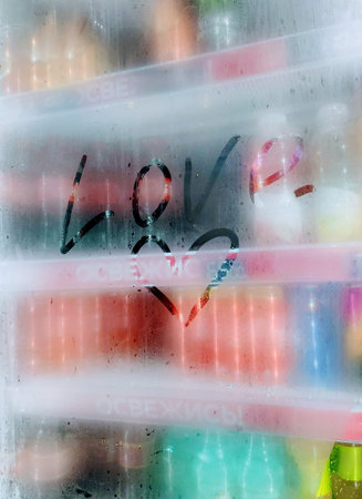 I love you message on ice in a shop window, valentine conceptの写真素材