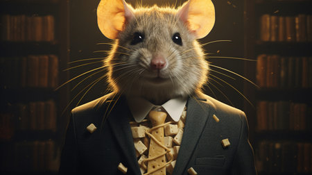 Portrait of a cute little mouse in a suit and tie.の素材