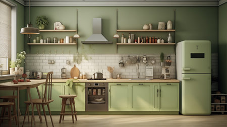 3d Illustration of a green modern kitchen in a loft styleの素材