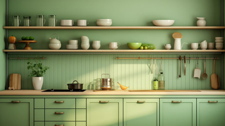 Kitchen interior with green wall and wooden shelves. 3d renderingの素材