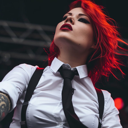 Portrait of a beautiful girl with red hair in a white shirt and suspendersの素材