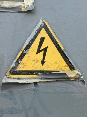 High voltage warning sign on a metal background, closeup of photoの写真素材