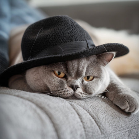 British Shorthair cat wearing a black hat lying on a sofaの素材