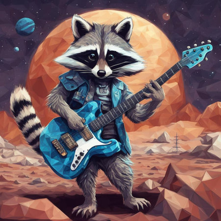 Raccoon with electric guitar on the background of the moon. Vector illustration.の素材