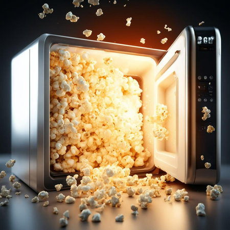 Popcorn coming out of an open microwave. 3D rendering.の素材