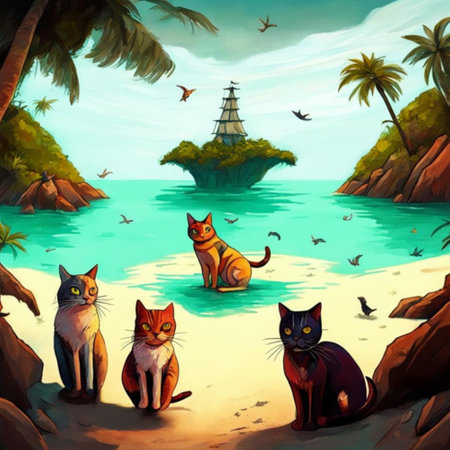 Illustration of a group of cats on the beach in the tropicsの素材