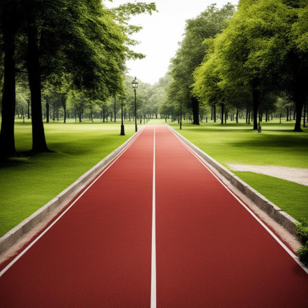 Red running track in the park with green grass and trees background.の素材