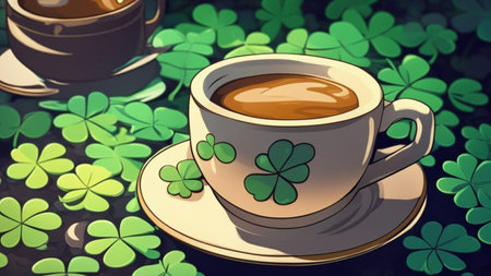 Coffee cup with four leaf clover, 3d illustrationの素材