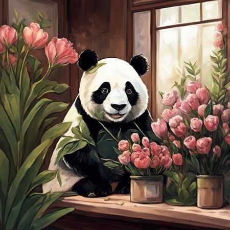 Panda in the room with tulip flowers. Watercolor paintingの素材