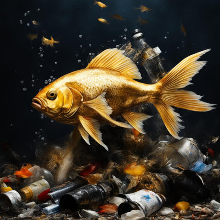 golden fish in the garbage, pollution of the environment concept.の素材