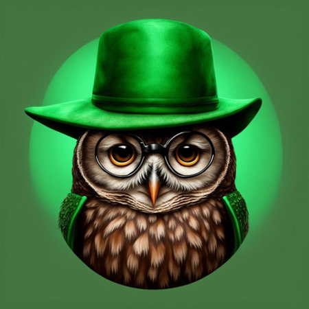 Owl wearing a green hat and a green top hat. St. Patrick's Day.の素材