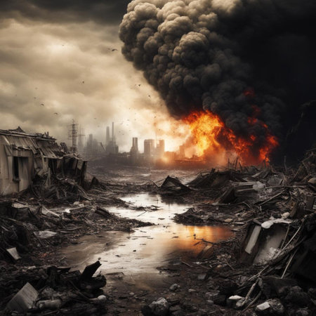 Burning buildings in the city. Global warming concept. 3d renderingの素材