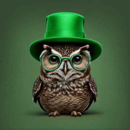Cute owl wearing green top hat and glasses. Green background.の素材