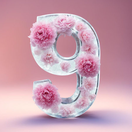 Metal number 9 with pink flowers on pink background. 3d renderingの素材