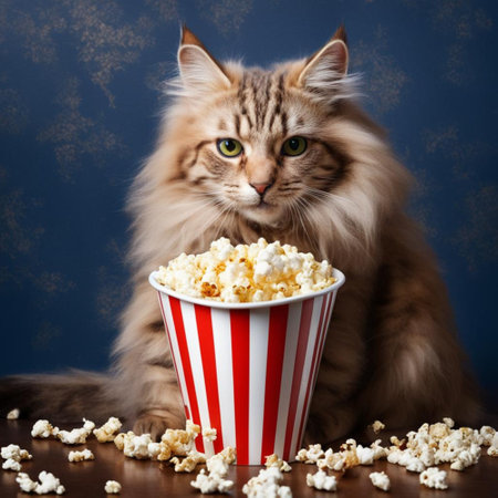 Cute cat with popcorn on a blue background. Studio shot.の素材