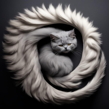 Beautiful gray cat in a hole on a black background. Studio photography.の素材