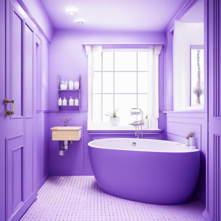 Lavender bathroom with purple bathtub and mirror. 3d renderの素材