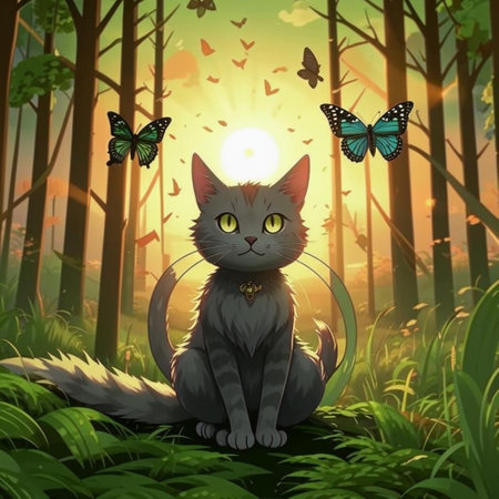Cartoon scene with cat in the forest and butterflies - illustration for childrenの写真素材