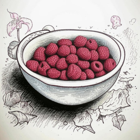 Illustration of a bowl of raspberries on a white backgroundの写真素材