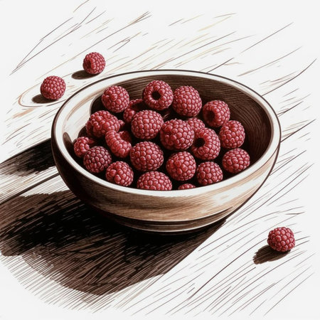 Raspberries in a wooden bowl on a white background. Drawingの写真素材