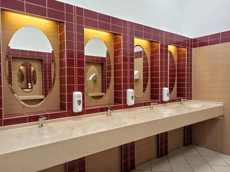 Interior of a modern bathroom with red tiles and ceramic urinals