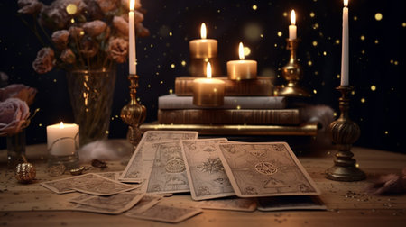 Old magic books and candlesticks on a wooden table with burning candlesの写真素材