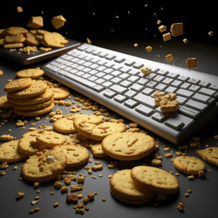 Broken cookies and computer keyboard on black background. Selective focus.の写真素材