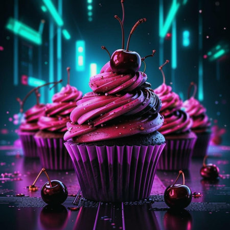 Cupcake with cherry on a dark background. 3d renderingの写真素材