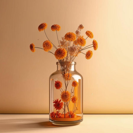 Dried flowers in a glass vase on a beige backgroundの写真素材