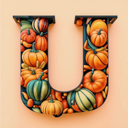 Letter U made of pumpkins. 3D render. Autumn font.