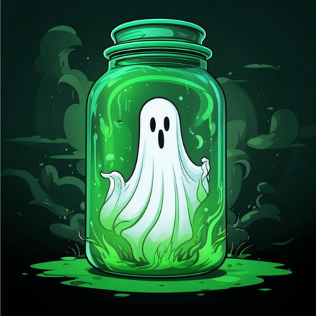 Illustration of ghost in a glass jar on a dark green backgroundの写真素材
