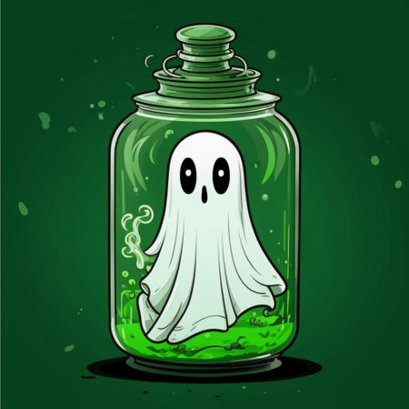 Illustration of a ghost in a glass jar on a green backgroundの写真素材