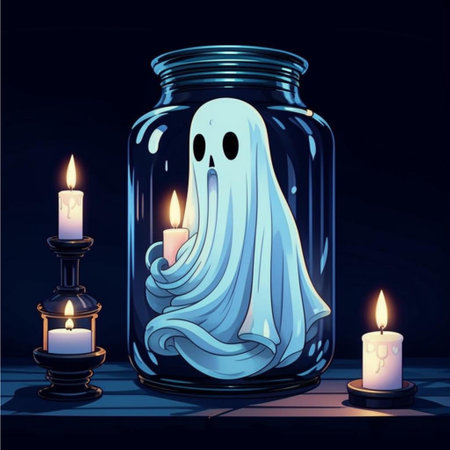 Ghost in a glass jar with candles on a dark background. Vector illustrationの写真素材