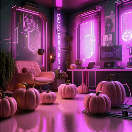 3D rendering of a halloween theme in purple and pinkの写真素材
