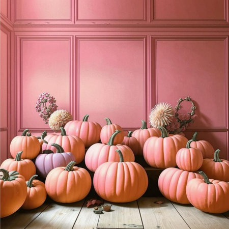 Pumpkins in a room with pink walls. 3d renderingの写真素材